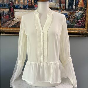 H&M Ivory Ruffle-Trim Sheer Blouse, Size 0 — Lantern Sleeves, Feminine Peplum